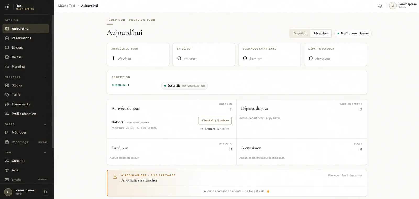 Le back-office de gestion de M Suite Hotel