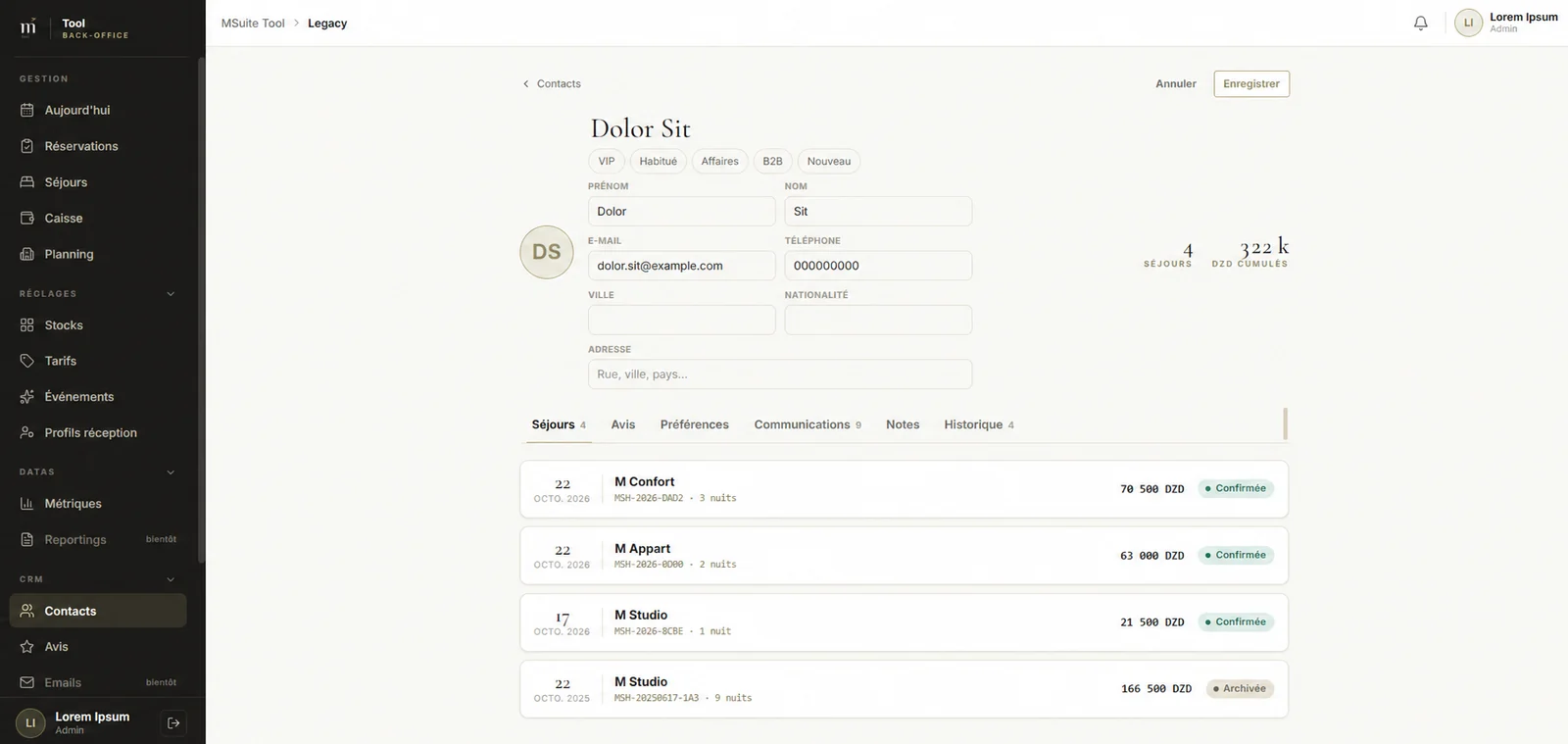 Une fiche client dans l'outil de gestion M Suite Hotel