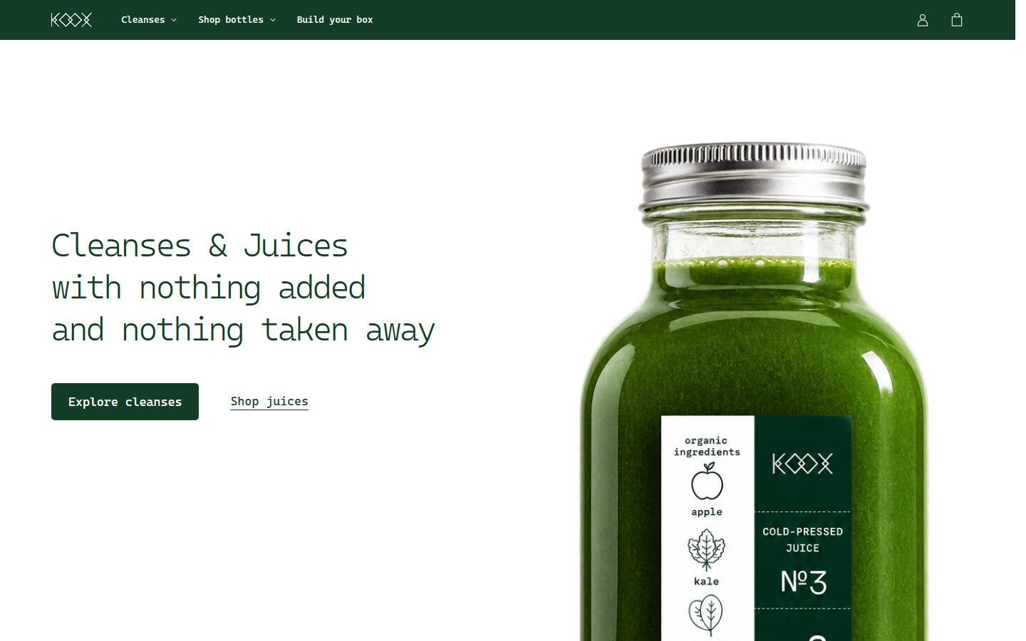 Aperçu du site KOOX et de son univers de boissons, avec les entrées vers la boutique.