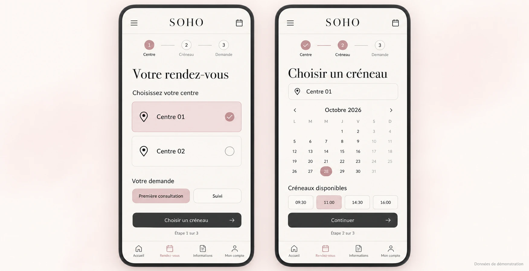 Interface reconstituée de l’application SOHO : choix du centre et sélection d’un créneau de rendez-vous, avec des données fictives.
