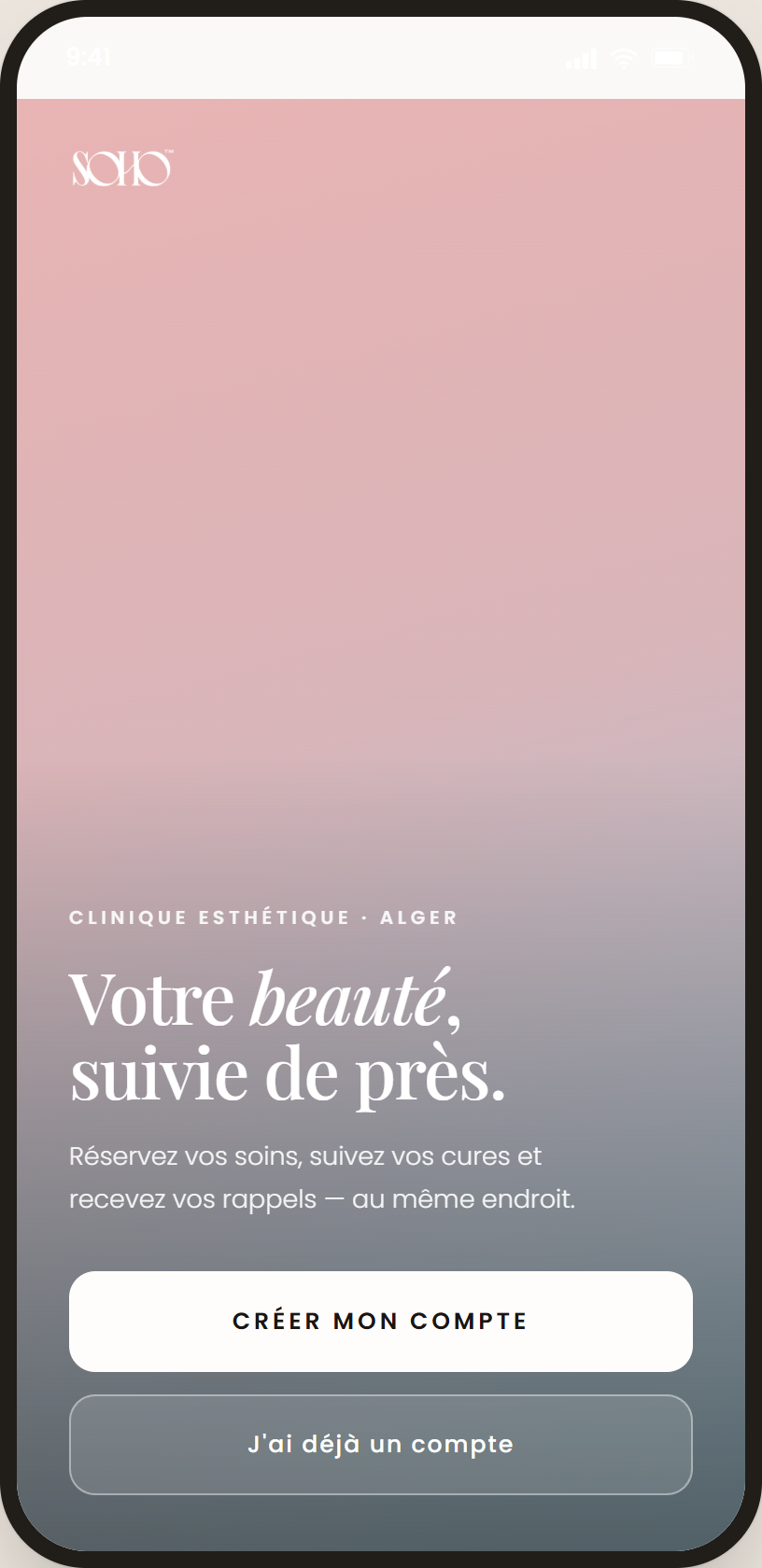 Maquette de l’application SOHO : écran de bienvenue et création de compte.